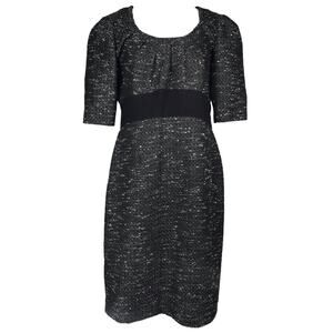 Tahari Tweed Dress Sz 10 Black Wool Puff Pleated Academia Old Money Preppy Twee